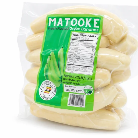 Peeled vacuum-packed matooke (East African highland green cooking bananas)